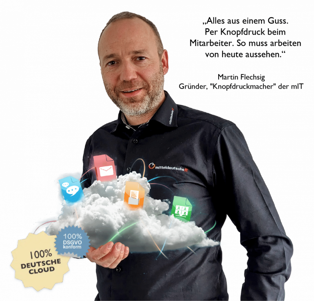 Die deutsche mIT Office-Cloud. Alles aus einem Guss. Per Knopfdruck beim Mitarbeiter. DSGVO-konformes arbeiten ohne Kompromisse.